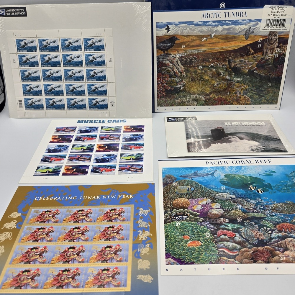 6 Full Sheet Stamp Collection USPS Muscle Cars Navy Coral Reef Lunar New Year